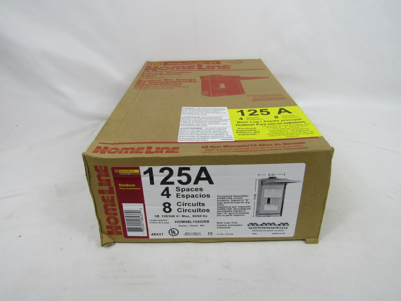 Schneider Electric HOM48L125GRB Square D by Schneider Electric HOM48L125GRB is a load center designed for single-phase (1PH) networks. It features a welded galvannealed steel enclosure and a tin-plated aluminum busbar. This load center has dimensions of H376mm x W226mm x D108mm (H14.8" x W8.9" x D4.25"), offering 4 spaces for circuit installation. It is equipped with lugs for connection, supports a rated current of 125A, and operates at a rated voltage of 120Vac/240Vac. The HOM48L125GRB provides a degree of protection rated at NEMA 3R and can accommodate up to 8 single pole circuits or 4 tandem breakers. HOM48L125GRB on Powermatic Associates