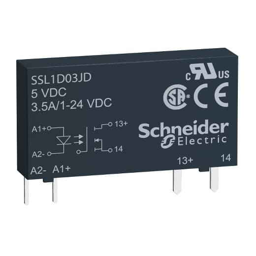 Schneider Electric SSL1D03BD Schneider Electric SSL1D03BD is a Solid State Relay (SSR) within the SSL sub-range designed for interfacing sliim solid state/static relay applications. It operates with a control voltage (DC) range of 15-30 Vdc and supports a rated current of 3.5 A. The relay is specified for use with a rated voltage (DC) from 1 to 24 V. Its plug-in mounting mode facilitates easy installation and integration into various electrical systems. SSL1D03BD on Powermatic Associates
