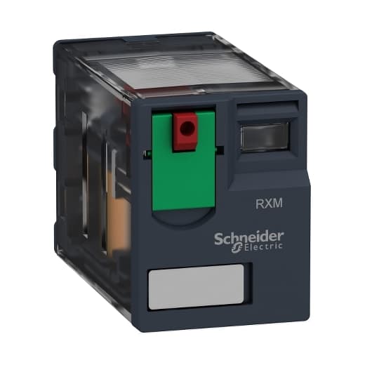 Schneider Electric RXM4AB1F7 Schneider Electric RXM4AB1F7 is a miniature plug-in relay within the RXM sub-range, featuring 4C/O - 4PDT (4 Pole Double Throw) contacts made from an Ag/Ni - Silver - Nickel alloy. It operates with a control voltage of 120 Vac and is rated for currents up to 6 A at both 250 Vac (AC-1) and 28 Vac (DC-1). The relay is designed for plug-in mounting and can function within an ambient air temperature range of -40 to +55 °C. It has an IP40 degree of protection, consumes 0.01 A of current, and has a power consumption of 1.2 VA. The RXM4AB1F7 boasts an electrical durability of 100,000 operations with a resistive load and a mechanical durability of 10,000,000 operations at no load. Additionally, it features a Lockable Test Button (LTB) for latching purposes. RXM4AB1F7 on Powermatic Associates