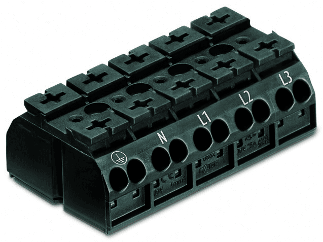 WAGO 862-1505 862-1505 WAGO - 4-conductor chassis-mount terminal strip; without ground contact; PE-N-L1-L2-L3; 5-pole; for 3 mm ø screw and nut; 4 mm²; 4,00 mm²; black 862-1505 on Powermatic Associates