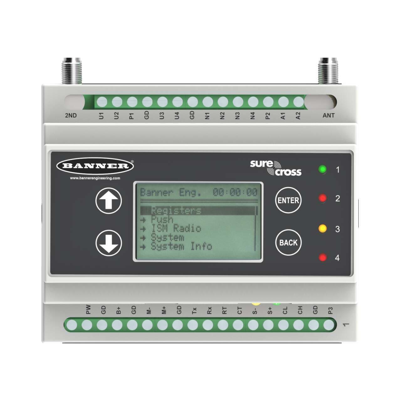 Banner DXM100-B2 DXM100 Controller; I/O Base Board Only; Inputs: 4 Universal, SDI-12 Interface; Outputs: 4 NMOS Discrete, 2 Analog, 2 DC Latching, 2 Switched Power, 1 Courtesy Power; SAM4 processor, LCD Display; RS485, Ethernet, USB, Solar/Battery Controller DXM100-B2 on Powermatic Associates