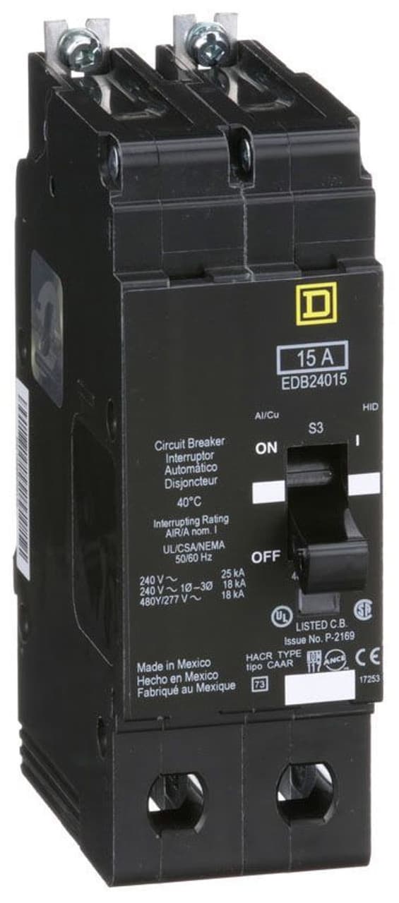 Schneider Electric EDB24015 Square D by Schneider Electric EDB24015 is a Miniature Circuit Breaker (MCB) designed for bolt-on mounting with a visual trip indicator. It features lugs type terminals and operates at a rated voltage of 480 V AC. This MCB serves as both an Equipment Protection Device (EPD) and a Circuit Breaker (CB) with a breaking capacity code D. It offers short-circuit and overload protection functions, utilizing an aluminium lugs connection for connectivity. The EDB24015 is rated for a current of 15A and is a 2 Pole device, accommodating a cross-section of 14-6AWG for one copper cable. It has a short circuit breaking rating of 25kA at 120Vac and 240Vac, and 18kA at 480Y/277Vac. The thermal-magnetic trip unit type has protection settings with a trip unit rating of 875A. EDB24015 on Powermatic Associates