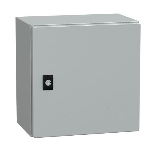 Schneider Electric NSYCRN33200 Schneider Electric NSYCRN33200 is a wall-mounted empty compact universal enclosure with a plain door, designed for wall-mounting with 4 holes that are sealed with plastic plugs to ensure an IP66 and NEMA 4 degree of protection. This enclosure, part of the CRN sub-range, measures 300 mm in height, 300 mm in width, and 200 mm in depth. It is constructed from steel and coated with epoxy-polyester painting for durability. The enclosure is finished in grey (RAL 7035) and features a 3 mm double-bar lock type for securing the contents. NSYCRN33200 on Powermatic Associates