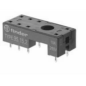 Finder 95.15.20SMA Finder 95.15.20SMA is a socket designed for PCB mounting with solder pin connections. It supports a rated current of 10A and has an ingress protection rating of IP20. The control voltage is specified for AC applications, and it adheres to the EN61984 standard for output voltage in DC circuits. The part is presented in black. 95.15.20SMA on Powermatic Associates