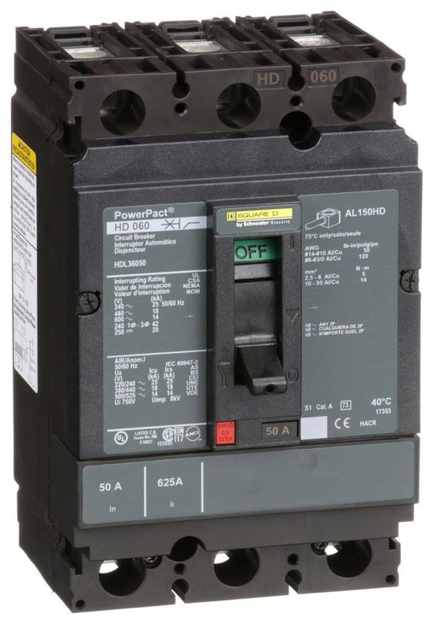 Schneider Electric HDL36050 Square D by Schneider Electric HDL36050 is a Moulded Case Circuit Breaker (MCCB) within the PowerPacT HDL sub-range, designed with a PowerPact H-Frame 150 TMD, featuring 3 poles (3P) and a rated current of 50A. It operates at a rated insulation voltage (Ui) of 750 V, with AC rated voltages of 600Vac and 600Y/347Vac, and a DC rated voltage of 250Vdc. This unit is equipped with thermal protection for overload scenarios and magnetic protection for short-circuit conditions. It supports a connection type of lugs on both load and line sides and is designed for individual unit mount on plate. The HDL36050 has a net height of 163 mm, a width of 104 mm, and a depth of 86 mm, offering a degree of protection of IP40. Its operating mode is manual toggle, with over-current protection settings fixed at 50A, short-circuit hold current fixed at 400A, and short-circuit trip current fixed at 850A. The rated operating voltage (Ue) is 690 V, with a rated impulse voltage (Uimp) of 8 kV. The trip current rating is 50 AT, with a frame current rating of 150 AF. It has a short circuit breaking rating of 25kA at 240Vac, 18kA at 480Vac and 480Y/277Vac, 14kA at 600Vac and 600Y/347Vac under UL489, and 20kA at 250Vdc. The trip unit type is thermal-magnetic (fixed), without a display, and it falls under utilisation category A. HDL36050 on Powermatic Associates
