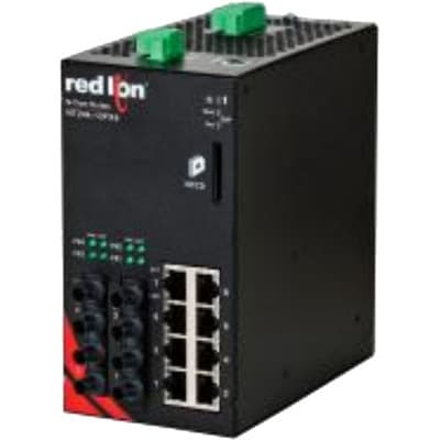 Red Lion NT24K-12FXE4-ST-80-PT Red Lion NT24k-12FXE4-ST-80-PT is a Gigabit (GbE/GigE) industrial managed Ethernet switch that features SNMP v1, v2, v3, and Web Browser Management, SSH/SSL/HTTPS, IEEE 802.1x with RADIUS Remote Server Authentication, Multi-Member N-Ring Technology with 30ms Healing, N-Link Redundant Ring Technology, N-View Monitoring Technology, EtherNet/IP CIP Messaging, Web configuration, IGMP Auto Configuration, 802.1Q tag VLAN and Port VLAN, 802.1p QoS and Port QoS, SNTP, Event Log/Syslog, Port Trunking, and Port Mirroring. It supports 16k MAC addresses and is designed for DIN rail mounting. The operating ambient air temperature range is -40 to +85°C. This model, part of the N-Tron NT24k series, is designed with a PTP version and includes 8 x RJ45 ports (10/100/1000BaseTX) and 4 x ST fiber optic connectors (single-mode; 100BaseFX; 80km rated optical fiber) for connectivity. It operates on a supply voltage of 10-49Vdc (12Vdc / 24Vdc / 48Vdc) and is housed in a metallic case. The communication protocol is Ethernet, and it has a connection capacity of 12-ports. Protection functions include ESD + Surge protection on power inputs. NT24K-12FXE4-ST-80-PT on Powermatic Associates