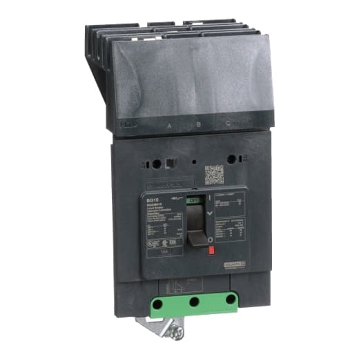Schneider Electric BGA36015 Square D by Schneider Electric BGA36015 is a Moulded Case Circuit Breaker (MCCB) within the PowerPacT BGA sub-range, featuring a PowerPact B-Frame 100 TMD 3P 15A 600Y/347Vac 18kA I-line design. It has a rated impulse voltage (Uimp) of 8 kV and utilizes an I-line connection for ABC phases. This MCCB offers a degree of protection of IP40 and supports a rated current of 15A with a rated voltage (AC) of 600Vac 600Y/347Vac. It is designed for mechanical durability of 20,000 operations at no load and mounts on I-line with line side isolated plug-on jaws plus a mechanical I-Line bracket mechanism. The device has 3 poles (3P), with dimensions of 137 mm in height, 89 mm in depth, and 81 mm in width. It falls under utilisation category A and features protection settings including over-current fixed at 15A, short-circuit hold current fixed at 400A, and short-circuit trip current fixed at 600A. The rated voltage (DC) is 250Vdc, with a rated insulation voltage (Ui) of 800 V, and a rated operating voltage (Ue) of 525 V. Protection functions include thermal protection for overload and magnetic protection for short-circuit, with a trip current rating of 15 AT. Its electrical durability with load is rated for 10,000 operations at 440Vac; In. The frame current rating is 100 AF, operating mode is toggle (manual), and it has a short circuit breaking rating of 65kA at 240Vac, 35kA at 480Vac, 35kA at 480Y/277Vac, 18kA at 600Y/347Vac, and 20kA at 250Vdc, all according to UL489. The trip unit type is thermal-magnetic (fixed) with no display. BGA36015 on Powermatic Associates
