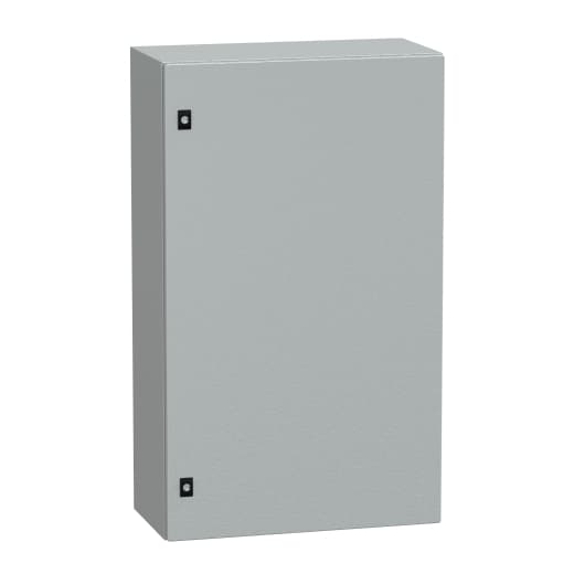 Schneider Electric NSYCRN106300 Schneider Electric NSYCRN106300 is an enclosure designed for wall-mounting, featuring a wall fixing mechanism with 4 holes, sealed with plastic plugs to ensure an IP66 and NEMA 4 degree of protection. This empty compact universal enclosure, part of the CRN sub-range, comes with a plain door and is constructed from steel with an epoxy-polyester painting for durability. It measures 1000 mm in height, 600 mm in width, and 300 mm in depth. The enclosure is finished in grey (RAL 7035) and is equipped with a 3 mm double-bar lock type for securing the contents. NSYCRN106300 on Powermatic Associates