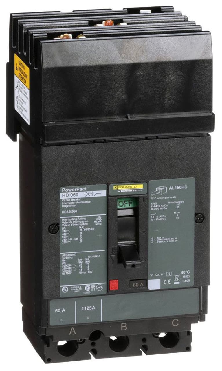 Schneider Electric HDA36060 Square D by Schneider Electric HDA36060 is a Moulded Case Circuit Breaker (MCCB) within the PowerPacT HDA sub-range, featuring a PowerPact H-Frame 150 TMD design. It is a 3-pole (3P) device with a rated current of 60A and offers both thermal protection (overload) and magnetic protection (short-circuit). This MCCB has an I-line connection for ABC phases and is designed for mounting on I-line with line side isolated plug-on jaws plus a mechanical I-Line bracket mechanism. It has a rated insulation voltage (Ui) of 750 V, rated voltages of 600Vac 600Y/347Vac for AC and 250Vdc for DC, and a degree of protection of IP40. The operating mode is manual toggle, with over-current protection settings fixed at 60A and short-circuit protection settings fixed at 800A for hold current and 1450A for trip current. The rated operating voltage (Ue) is 690 V, with a rated impulse voltage (Uimp) of 8 kV. Its dimensions are 163 mm in height, 104 mm in width, and 86 mm in depth. The trip current rating is 60 AT, with a frame current rating of 150 AF. It has a short circuit breaking rating of 25kA at 240Vac, 18kA at 480Vac and 480Y/277Vac, 14kA at 600Vac and 600Y/347Vac for UL489, and 20kA at 250Vdc for UL489. The trip unit type is thermal-magnetic (fixed) without a display, and it falls under utilisation category A. HDA36060 on Powermatic Associates
