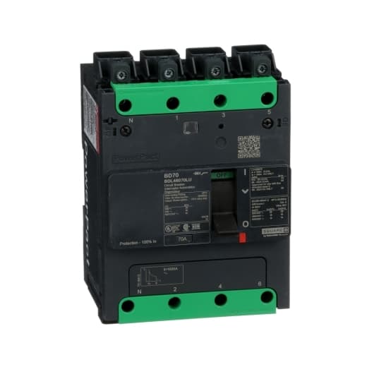 Schneider Electric BDL46070LU Square D by Schneider Electric BDL46070LU is a Moulded Case Circuit Breaker (MCCB) within the PowerPacT BDL sub-range. It features a PowerPact B-Frame 100 TMD 4P 70A design, operating at 600Y/347Vac with a 14kA short circuit breaking rating and includes Everlink (Creep compensating) lugs on both line and load sides, plus a Control Wire terminal (CWT) on the line side only. This MCCB has a rated impulse voltage (Uimp) of 8 kV, an IP40 degree of protection, and a rated current of 70A. It supports a fixed mounting on DIN rail or can be individually mounted on a plate, with dimensions of 137 mm in height, 80 mm in depth, and 108 mm in width. The unit is designed for a utilisation category A, with a mechanical durability of 20,000 operations at no load and an electrical durability of 10,000 operations with load at 440Vac. It offers protection settings for over-current fixed at 70A, short-circuit hold current fixed at 640A, and short-circuit trip current fixed at 960A. The MCCB operates with a toggle (manual) mode, has a frame current rating of 100 AF, and provides thermal and magnetic protection functions with a trip current rating of 70 AT. BDL46070LU on Powermatic Associates