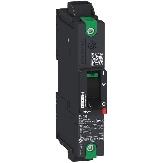 Schneider Electric BJL16030 Square D by Schneider Electric BJL16030 is a Moulded Case Circuit Breaker (MCCB) within the PowerPacT BJL sub-range, featuring a PowerPact B-Frame 100 TMD 1P-1t 30A 600Y/347Vac 25kA design. It has a rated impulse voltage (Uimp) of 8 kV and utilizes Everlink (Creep compensating) lugs for connections on both line and load sides, offering a degree of protection of IP40. The rated current is 30A, with a rated voltage (AC) of 600Vac 600Y/347Vac. It is designed for mechanical durability of 15,000 operations at no load and can be mounted on a DIN rail or as an individual unit on a plate. This 1-pole (1P) circuit breaker has dimensions of 137 mm in height, 80 mm in depth, and 27 mm in width. It falls under utilisation category A and features protection settings including over-current fixed at 30A, short-circuit hold current fixed at 400A, and short-circuit trip current fixed at 600A. The rated voltage (DC) is 125Vdc, with a rated insulation voltage (Ui) of 800 V and a rated operating voltage (Ue) of 240 V. Its protection functions include thermal protection for overload and magnetic protection for short-circuits, with a trip current rating of 30 AT. The electrical durability with load is 10,000 operations at 240Vac; In, and it has a frame current rating of 100 AF. The operating mode is toggle (manual), and it has a short circuit breaking rating of 100kA at 240Vac, 65kA at 480Vac, 65kA at 480Y/277Vac, 25kA at 600Y/347Vac, and 50kA at 250Vdc, all according to UL489 standards. The trip unit type is thermal-magnetic (fixed) with no display. BJL16030 on Powermatic Associates