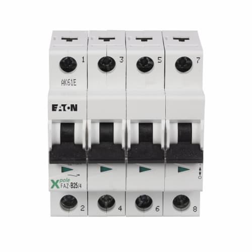 Eaton FAZ-C25/4 Eaton FAZ supplementary protector,UL 1077 Industrial miniature circuit breaker - supplementary protector,Medium levels of inrush current are expected,25 A,15 kAIC,Four-pole,5-10X /n,50-60 Hz,Standard terminals,C Curve FAZ-C25/4 on Powermatic Associates