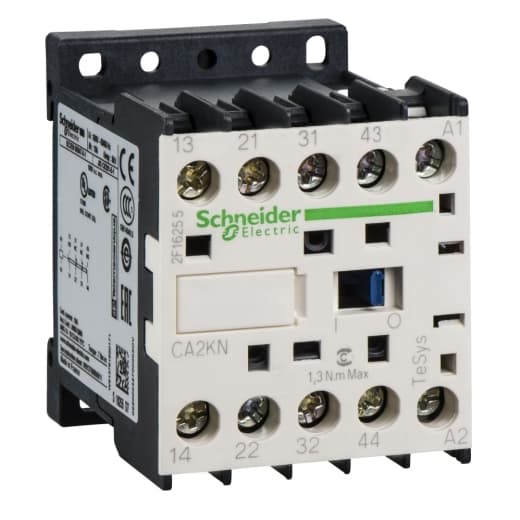Schneider Electric CA2KN22E7 Schneider Electric CA2KN22E7 is a control relay with a mechanical durability of 10,000,000 operations at no load. It features a plate DIN rail mounting mode and is designed for use in AC-15 and DC-13 utilisation categories. This part includes two SPST-NO (Single Pole Single Throw - Normally Open) contacts and utilizes screw clamp terminals for connections. It has an operating rate of up to 10,000 cycles per hour. CA2KN22E7 on Powermatic Associates