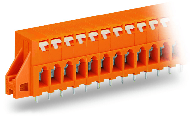 WAGO 741-236 741-236 WAGO - Through-panel PCB terminal strip; 2 solder pins/pole; 6-pole; with integrated push-buttons; pin spacing 5.08 mm / 0.2 in; with fixing flanges; orange 741-236 on Powermatic Associates