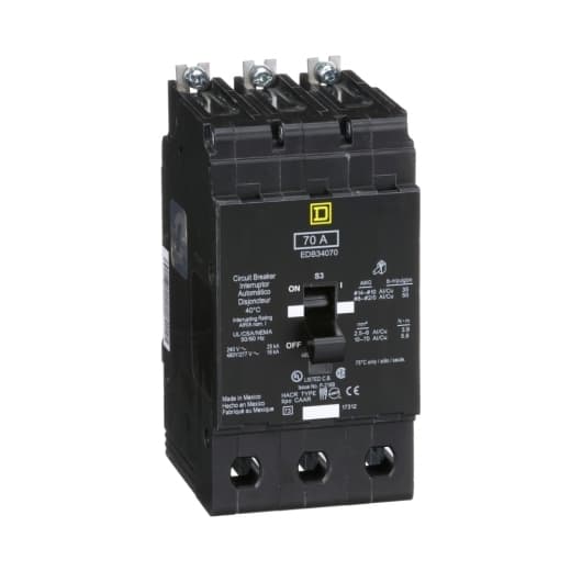 Schneider Electric EDB34070 Square D by Schneider Electric EDB34070 is a Miniature Circuit Breaker (MCB) designed for bolt-on mounting with a visual trip indicator. It features lugs type terminals and an aluminium lugs connection. This MCB operates at a rated voltage of 480 V AC, with a rated current of 70A and is suitable for a wire cross-section of 12-2/0AWG. It is a 3 Pole device with a short circuit breaking rating of 25kA at 120Vac and 240Vac, and 18kA at 480Y/277Vac. The EDB34070 incorporates thermal-magnetic trip unit type with protection settings at a trip unit rating of 1800A, offering short-circuit and overload protection. It functions as both an Equipment Protection Device (EPD) and a Circuit Breaker (CB) with a breaking capacity code D. EDB34070 on Powermatic Associates