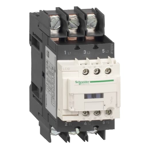 Schneider Electric LC1D40A6M7 Schneider Electric LC1D40A6M7 is a magnetic contactor from the Deca sub-range, featuring an EverLink(TM) terminal design and ring-lugs connections. This 3-pole (3P; 3NO) contactor has a rated current of 60A for AC-1 and 40A for 440Vac in AC-3 conditions. It is designed for DIN rail mounting and has a net width of 55 mm. The degree of protection provided is IP20. The control voltage (AC) ranges from 176-242Vac at 50Hz and 187-242Vac at 60Hz, with a nominal voltage of 220Vac. The rated operating voltage (Ue) is up to 690 V, and it includes 1 normally open (NO) auxiliary contact. The rated impulse voltage (Uimp) is 6 kV. Its rated active power reaches up to 30kW for 660-690Vac in AC-3 conditions, and it also features 1 normally closed (NC) auxiliary contact with a contacts type of 1NO+1NC instantaneous aux. The rated power in horsepower (HP) varies from 3HP at 115Vac in single-phase to 30HP at 575-600Vac in three-phase, under UL/CSA standards. The mechanical durability of this contactor is up to 6,000,000 operations, and its electrical durability with load is 1,500,000 operations. The rated voltage (AC) phase-to-phase is 690 V. LC1D40A6M7 on Powermatic Associates