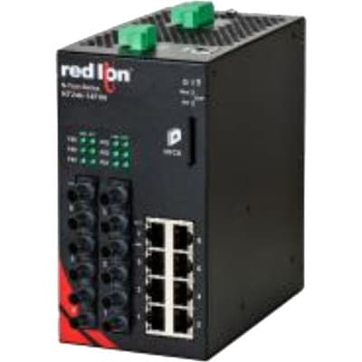Red Lion NT24K-14FXE6-ST-80 Red Lion NT24k-14FXE6-ST-80 is a Gigabit (GbE/GigE) industrial managed Ethernet switch designed for robust and secure network management in demanding environments. It features SNMP v1, v2, v3, and Web Browser Management for comprehensive control, alongside SSH/SSL/HTTPS for secure communication. The switch supports IEEE 802.1x with RADIUS for remote server authentication and incorporates advanced redundancy technologies such as Multi-Member N-Ring Technology with 30ms healing, N-Link Redundant Ring Technology, and N-View Monitoring Technology for enhanced network reliability. It is equipped with EtherNet/IP CIP Messaging, web configuration, IGMP Auto Configuration, 802.1Q tag VLAN and Port VLAN, 802.1p QoS and Port QoS, SNTP, Event Log/Syslog, Port Trunking, and Port Mirroring for versatile network management. The switch has a capacity for 16k MAC addresses and offers 8 x RJ45 ports (10/100/1000BaseTX) and 6 x ST fiber optic connectors (single-mode; 100BaseFX; 80km rated optical fiber) for diverse connectivity options. Designed for DIN rail mounting, it operates within an ambient air temperature range of -40 to +85°C and requires a supply voltage of 10-49Vdc (12Vdc / 24Vdc / 48Vdc). The metallic case ensures durability, and it features ESD + Surge protection on power inputs for additional security. NT24K-14FXE6-ST-80 on Powermatic Associates