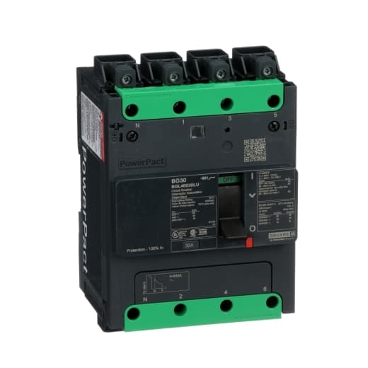 Schneider Electric BGL46030LU Square D by Schneider Electric BGL46030LU is a Moulded Case Circuit Breaker (MCCB) within the PowerPacT BGL sub-range. It features a PowerPact B-Frame 100 TMD with 4 poles (4P) and a rated current of 30A. This breaker is designed for 600Vac 600Y/347Vac with a rated impulse voltage (Uimp) of 8 kV and offers a degree of protection of IP40. The connection type includes Everlink (Creep compensating) lugs on both line and load sides, plus a Control Wire terminal (CWT) on the line side only. It has a mechanical durability of 20,000 operations at no load and can be mounted either on a DIN rail or as an individual unit on a plate. The protection settings are fixed, with over-current protection at 30A, short-circuit hold current at 400A, and short-circuit trip current at 600A. The dimensions are 137 mm in height, 80 mm in depth, and 108 mm in width. It operates with a toggle (manual) mode and has a frame current rating of 100 AF. The trip unit type is thermal-magnetic (fixed) without a display, and it provides thermal protection for overload and magnetic protection for short-circuits. The electrical durability with load is rated at 10,000 operations at 440Vac. The short circuit breaking rating varies with voltage, including 65kA at 240Vac, 35kA at 480Vac and 480Y/277Vac, and 18kA at 600Y/347Vac, all according to UL489 standards. BGL46030LU on Powermatic Associates