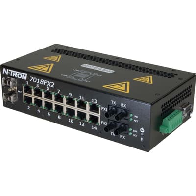 Red Lion 7018FXE2-ST-80-HV Red Lion 7018FXE2-ST-80-HV is an industrial managed Gigabit Ethernet switch designed for robust and complex network environments. It features SNMP v1, v2, v3, and Web Browser Management for comprehensive control and monitoring. The switch incorporates N-Ring Technology with a 30ms healing time, N-Link Redundant Ring Technology, and N-View Monitoring Technology for enhanced network reliability. It supports EtherNet/IP CIP Messaging and offers web configuration for ease of use. The switch is equipped with IGMP Auto Configuration, 802.1Q tag VLAN and Port VLAN, 802.1p QoS and Port QoS, Port Trunking, and Port Mirroring for advanced network management. It adheres to 802.1d, 802.1w, and 802.1D RSTP standards and includes a DHCP Server with Option 82 Relay, Option 61, and IP Fallback functionalities. Local Port IP Addressing and 802.1AB-2005 LLDP are also supported for improved network communication. The switch provides port security through MAC Address Based Filtering and has Normally Open (NO) auxiliary contacts rated for 40-160Vdc. It features 14 x RJ45 ports (10/100/1000BaseTX) and 2 x Fiber optic ST connectors (single-mode) with an 80km rated optical fiber distance. Additionally, it offers 2 x SFP (Mini-GBIC) Gigabit Transceivers slots for optional expansion. The switch operates within a temperature range of -40 to +70°C and includes ESD + Surge protection on power inputs. It is designed for DIN rail mounting in a metallic case and supports an 18-ports network configuration as part of the N-Tron 7000 series. 7018FXE2-ST-80-HV on Powermatic Associates