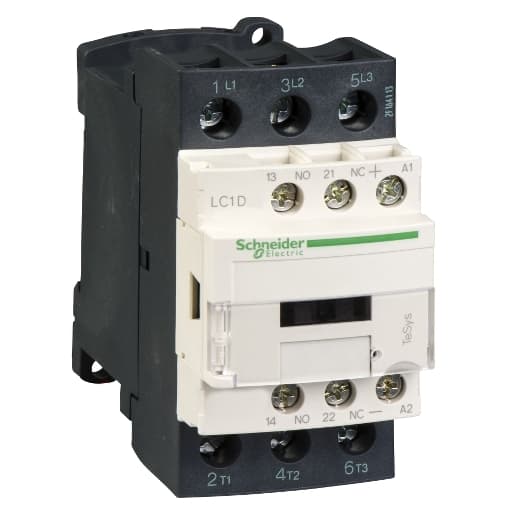 Schneider Electric LC1D25SD Schneider Electric LC1D25SD is a magnetic contactor from the Deca sub-range, featuring screw connections and designed with 3 poles (3P; 3NO). It has a rated current of 40A (AC-1) and 25A (440Vac; AC-3), with a mounting mode suitable for DIN rail installation. The net width of the contactor is 45 mm, and it offers a degree of protection rated at IP20. The control voltage (DC) ranges from 54-90Vdc (72Vdc nominal; 0.75...1.25 x Uc), and the rated operating voltage (Ue) is up to 690 V. It includes 1 normally open (NO) auxiliary contact and 1 normally closed (NC) auxiliary contact, with the contacts type being 1NO+1NC instantaneous aux. The rated impulse voltage (Uimp) is 6 kV. Rated active power spans from 5.5kW at 220-230Vac to 15kW at 660-690Vac in AC-3 category. Rated power in horsepower (HP) varies from 2HP at 115Vac in single-phase to 20HP at 575-600Vac in three-phase, under UL/CSA standards. The mechanical durability of the LC1D25SD is up to 15 million operations at no load, and its electrical durability with load reaches 1.6 million operations. The rated voltage (AC) for phase-to-phase connections is 690 V. LC1D25SD on Powermatic Associates