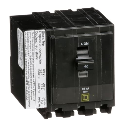 Schneider Electric QO3401021 Square D by Schneider Electric QO3401021 is a Miniature Circuit Breaker (MCB) featuring a shunt trip coil. It is designed for plug-in mounting and supports a plug-in connection type. This MCB is rated for a current of 40A and can accommodate a wire cross-section of 8-2AWG for one aluminum or copper cable. It is a 3-pole device, compatible with both AC and DC circuits, having rated voltages of 120V to 240V AC and 48V DC, respectively. The control voltage for the AC circuit ranges from 120Vac to 208Vac. It offers a short circuit breaking rating of 10kA at 240Vac and 5kA at 48Vdc. The terminals are box lugs, facilitating secure connections. QO3401021 on Powermatic Associates