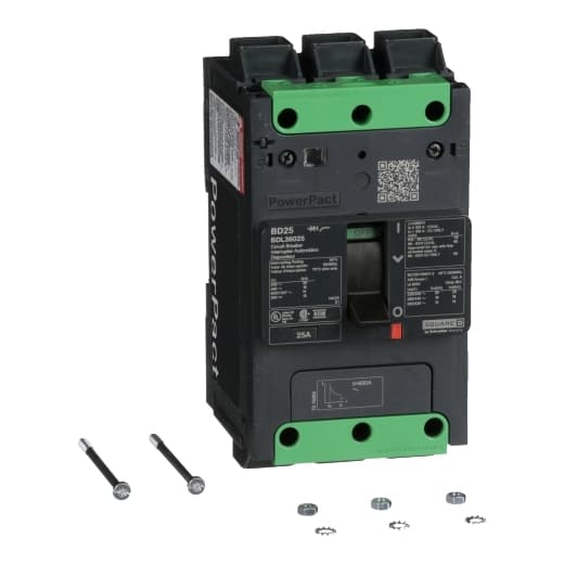 Schneider Electric BDL36025 Square D by Schneider Electric BDL36025 is a Moulded Case Circuit Breaker (MCCB) within the PowerPacT BDL sub-range, featuring a PowerPact B-Frame 100 TMD 3P 25A 600Y/347Vac 14kA design. It has a rated impulse voltage (Uimp) of 8 kV and utilizes Everlink (Creep compensating) lugs for connections on both line and load sides, offering a degree of protection of IP40. The rated current is 25A, with a rated voltage (AC) of 600Vac 600Y/347Vac. It is designed for mechanical durability of 20,000 operations at no load and can be mounted on a DIN rail or as an individual unit on a plate. This 3-pole (3P) circuit breaker has dimensions of 137 mm in height, 80 mm in depth, and 81 mm in width. It falls under utilisation category A and features protection settings for over-current fixed at 25A, short-circuit hold current fixed at 400A, and short-circuit trip current fixed at 600A. The rated voltage (DC) is 250Vdc, with a rated insulation voltage (Ui) of 800 V and a rated operating voltage (Ue) of 525 V. It provides thermal protection for overload and magnetic protection for short-circuits, with a trip current rating of 25 AT. Its electrical durability with load is rated for 10,000 operations at 440Vac; In, and it has a frame current rating of 100 AF. The operating mode is toggle (manual), and it has a short circuit breaking rating of 25kA at 240Vac, 18kA at 480Vac, 18kA at 480Y/277Vac, 14kA at 600Y/347Vac, and 10kA at 250Vdc, all according to UL489 standards. The trip unit type is thermal-magnetic (fixed) with no display. BDL36025 on Powermatic Associates