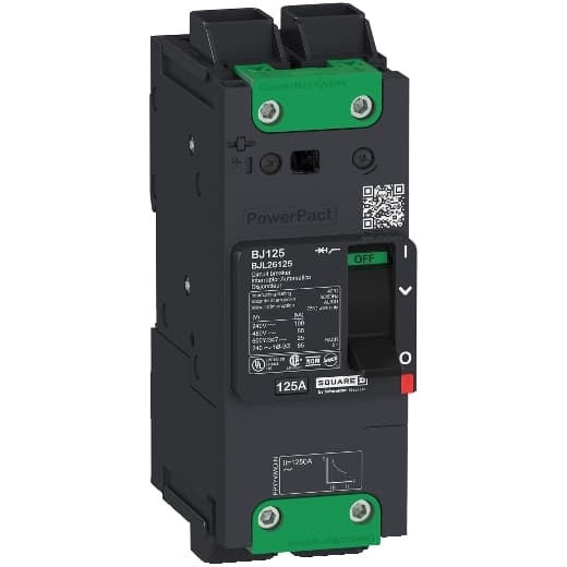 Schneider Electric BDL26090 Square D by Schneider Electric BDL26090 is a Moulded Case Circuit Breaker (MCCB) within the PowerPacT BDL sub-range, featuring a PowerPact B-Frame 100 TMD 2P 90A design for 600Y/347Vac with a 14kA breaking capacity and 80% rated Everlink (Creep compensating) lugs on both line and load sides. It has a rated impulse voltage (Uimp) of 8 kV, connection type of Everlink lugs, and offers a degree of protection of IP40. The rated current is 90A with a rated voltage (AC) of 600Vac 600Y/347Vac. It boasts a mechanical durability of 20,000 operations at no load and can be mounted on a DIN rail or as an individual unit on a plate. This 2-pole (2P) circuit breaker has dimensions of 137 mm in height, 80 mm in depth, and 54 mm in width. It falls under utilisation category A and features over-current protection fixed at 90A, short-circuit hold current protection fixed at 1000A, and short-circuit trip current protection fixed at 1500A. The rated voltage (DC) is 250Vdc, with a rated insulation voltage (Ui) of 800 V and a rated operating voltage (Ue) of 525 V. It provides thermal protection for overload and magnetic protection for short-circuits, with a trip current rating of 90 AT and an electrical durability of 10,000 operations with load at 440Vac. The frame current rating is 100 AF, operated by a toggle (manual) with a short circuit breaking rating of 25kA at 240Vac, 18kA at 480Vac and 480Y/277Vac, 14kA at 600Y/347Vac, and 10kA at 250Vdc, according to UL489 standards. The trip unit type is thermal-magnetic (fixed) without a display. BDL26090 on Powermatic Associates