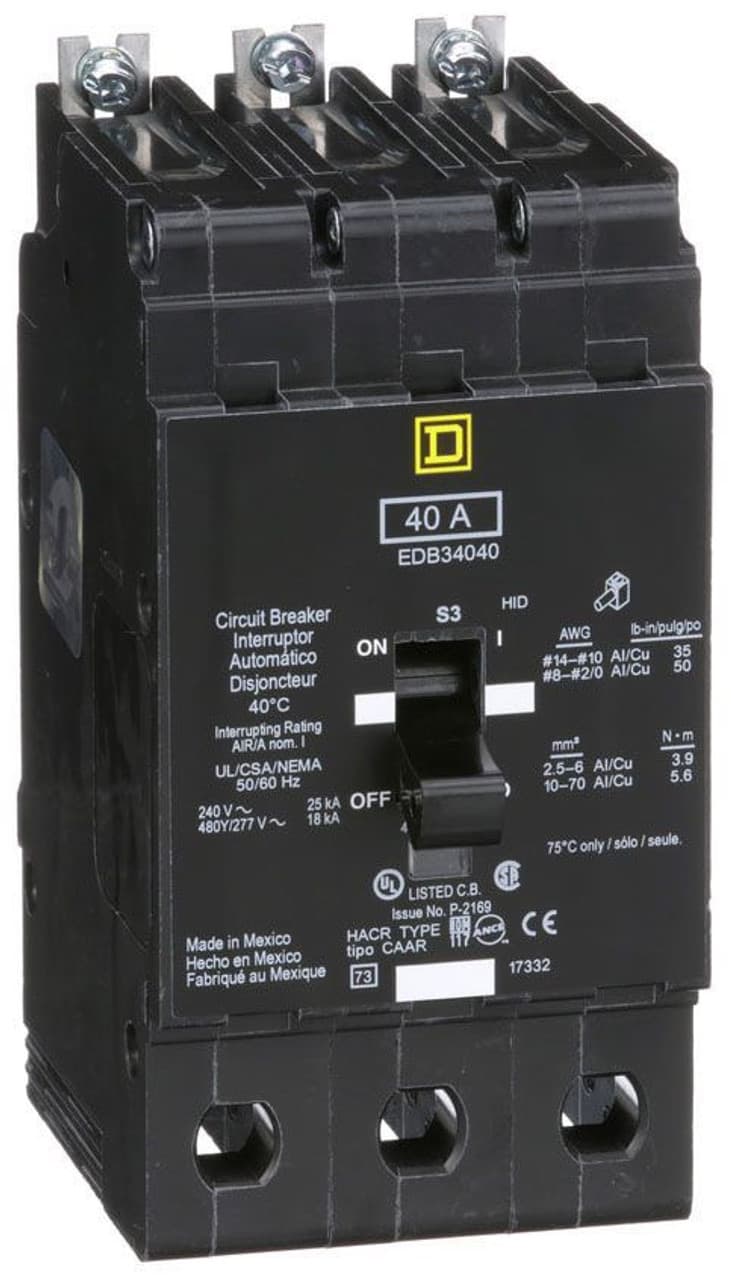 Schneider Electric EDB34040 Square D by Schneider Electric EDB34040 is a Miniature Circuit Breaker (MCB) designed for bolt-on mounting with a visual trip indicator. It features lugs type terminals and operates at a rated voltage of 480 V AC. This MCB serves as both an Equipment Protection Device (EPD) and a Circuit Breaker (CB) with a breaking capacity code D. It offers short-circuit and overload protection functions, utilizing an aluminium lugs connection. The EDB34040 is rated for a current of 40A and is a 3 Pole device, accommodating a cross-section of 12-2/0AWG. Its short circuit breaking rating is specified at 25kA for 120Vac and 240Vac, and 18kA for 480Y/277Vac. The breaker employs a thermal-magnetic trip unit with protection settings at a trip unit rating of 1800A. EDB34040 on Powermatic Associates