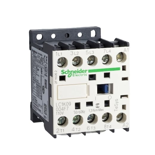 Schneider Electric LC1K09008F7 Schneider Electric LC1K09008F7 is a magnetic contactor within the K sub-range, featuring screw connections and a 4-pole (4P; 2NO+2NC) configuration. It has a rated current of 20A (AC-1) and 110A (Irms AC), with a net width of 45 mm. This contactor offers a degree of protection of IP20 and operates with a control voltage (AC) of 88-126Vac (110Vac nominal; 50Hz/60Hz; 0.8...1.15 x Uc). The rated operating voltage (Ue) is 690 V, and it has no Normally Open (NO) or Normally Closed (NC) auxiliary contacts. The rated impulse voltage (Uimp) is 8 kV, and it boasts a mechanical durability of 10,000,000 operations at no load. The rated voltage (AC) for phase-to-phase is also 690 V. LC1K09008F7 on Powermatic Associates