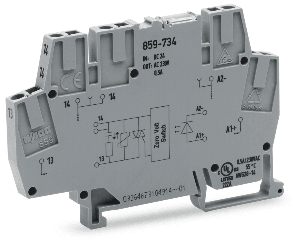 WAGO 859-734 859-734 WAGO - Optocoupler module; Nominal input voltage: 24 VDC; Output voltage range: 24 … 260 VAC; Limiting continuous current: 0.5 A; 2-wire connection; zero-cross switching; Red status indicator; Module width: 6 mm; light gray 859-734 on Powermatic Associates
