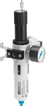 Festo 195037 service unit LFRS-1/4-D-MIDI-KA-A With lockable regulator head and pressure gauge, for nominal pressure 12 bar, for unlubricated compressed air. Size: Midi, Series: D, Actuator lock: Rotary knob with integrated lock, Assembly position: Vertical +/- 5°, Gr 195037 on Powermatic Associates