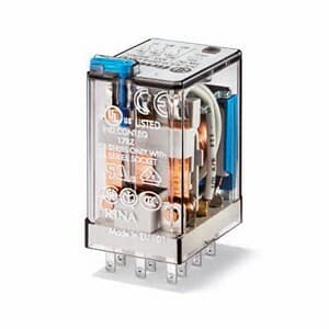 Finder 55.33.8.120.5030 Finder 55.33.8.120.5030 is a relay with solder pin connection type, designed for a rated current of 10A at 250Vac (AC-1) and 10A at 30Vdc (DC-1), with lower currents of 0.25A at 110Vdc and 0.12A at 220Vdc for Normally Open (NO) auxiliary contacts. It operates with a supply voltage of 3C/O or 3PDT (3 Pole Double Throw), capable of handling ambient air temperatures for operation and storage from -40 to +85 degrees Celsius. The relay supports a rated voltage of 250Vac, with a control voltage of 4 kV and a mounting mode dimension of 27.7 mm. Its rated active power is indicated for 3 poles, with a power consumption detailed at 20.7 mm. The color specification is for 120Vac (50Hz/60Hz) operations, and it features plug-in residual current sensitivity. The number of Normally Closed (NC) circuits is designed for 200,000 operations, with a length of AgNi+Au (Gold plated silver-nickel) and a diameter supporting 20,000,000 operations. The net depth of the part is 37.2 mm. 55.33.8.120.5030 on Powermatic Associates