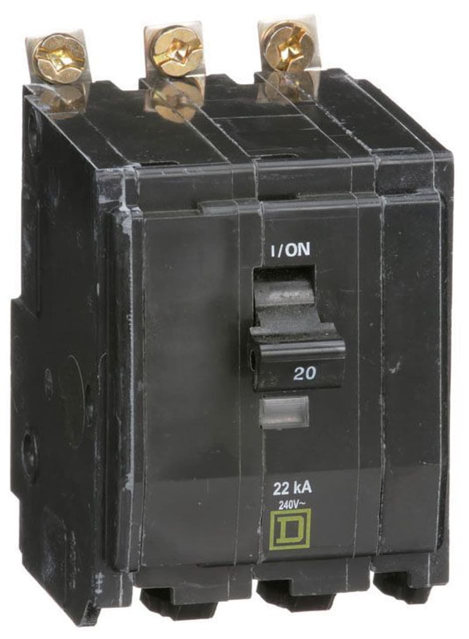 Schneider Electric QOB320VH Square D by Schneider Electric QOB320VH is a Miniature Circuit Breaker (MCB) designed for bolt-on mounting. It features a rated current of 20A and a bolt-on connection type. This MCB operates at a rated voltage of 120V to 240V AC and accommodates a cross-section of 14-8AWG for 1 cable Al/Cu. It is a 3 Pole circuit breaker with a short circuit breaking rating of 22kA at 240Vac. The terminals are of the press plate type. QOB320VH on Powermatic Associates