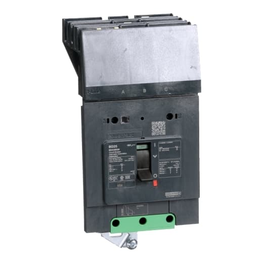 Schneider Electric BDA36025 Square D by Schneider Electric BDA36025 is a Moulded Case Circuit Breaker (MCCB) within the PowerPacT BDA sub-range, featuring a PowerPact B-Frame 100 TMD 3P 25A 600Y/347Vac 14kA I-line design. It has a rated impulse voltage (Uimp) of 8 kV and utilizes an I-line connection for ABC phases. The degree of protection offered is IP40, with a rated current of 25A and a rated voltage (AC) of 600Vac 600Y/347Vac. This MCCB is designed for mechanical durability of 20,000 operations at no load and mounts on I-line with line side isolated plug-on jaws plus a mechanical I-Line bracket mechanism for robust attachment. It features 3 poles (3P), with dimensions of 137 mm in height, 89 mm in depth, and 81 mm in width. The utilisation category is A, and it includes protection settings for over-current fixed at 25A, short-circuit hold current fixed at 400A, and short-circuit trip current fixed at 600A. The rated voltage (DC) is 250Vdc, with a rated insulation voltage (Ui) of 800 V, and a rated operating voltage (Ue) of 525 V. Protection functions include thermal protection for overload and magnetic protection for short-circuit, with a trip current rating of 25 AT. Its electrical durability with load is rated for 10,000 operations at 440Vac; In, and it has a frame current rating of 100 AF. The operating mode is toggle (manual), and it has a short circuit breaking rating of 25kA at 240Vac, 18kA at 480Vac, 18kA at 480Y/277Vac, 14kA at 600Y/347Vac under UL489 standards, and 10kA at 250Vdc. The trip unit type is thermal-magnetic (fixed) with no display. BDA36025 on Powermatic Associates