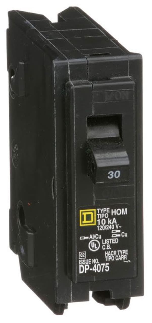 Schneider Electric HOM130 Square D by Schneider Electric HOM130 is a Miniature Circuit Breaker (MCB) designed for plug-in connection. It features a single pole configuration and is rated for a current of 30A with an operating voltage of 120V AC. The mounting mode for this MCB is plug-in, accommodating a cross-section of 14-8AWG for one aluminum or copper cable and 14-10AWG for two copper cables. It has a short circuit breaking rating of 10kA at 120Vac and utilizes screw clamp type terminals for secure connections. HOM130 on Powermatic Associates