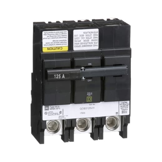 Schneider Electric QOB3125VH Square D by Schneider Electric QOB3125VH is a Miniature Circuit Breaker (MCB) designed for bolt-on mounting. It features a rated current of 125A and a bolt-on connection type. This MCB operates at a rated voltage of 120V to 240V AC and accommodates a cross-section of 4AWG-300kcmil for 1 cable Al/Cu. It is a 3 Pole circuit breaker with a short circuit breaking rating of 22kA at 240Vac. The terminals are of the box lugs type. QOB3125VH on Powermatic Associates