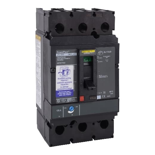 Schneider Electric JGF36250AA Square D by Schneider Electric JGF36250AA is a Moulded Case Circuit Breaker (MCCB) within the PowerPacT JGF sub-range, featuring a factory-installed 1A/1B (1NO+1NC) auxiliary switch. This PowerPact J-Frame 250 TMD 3P 250A breaker is designed for 600Vac and 18kA busbar applications at 80% rating, with a terminal nut kit for fixed busbar connection on both line and load sides. It has three poles (3P) and offers thermal protection for overload and magnetic protection for short-circuit scenarios. The rated current is 250A, with a rated insulation voltage (Ui) of 750 V and a rated voltage (AC) of 600Vac 600Y/347Vac. It is designed for individual unit mount on plate, with a net height of 191 mm, a net width of 105 mm, and a net depth of 127 mm. The degree of protection is IP40, and it operates manually via a toggle. Protection settings include over-current fixed at 250A and short-circuit pickup current adjustable between 1250A and 2500A. The rated operating voltage (Ue) is 690 V, with a rated impulse voltage (Uimp) of 8 kV. The trip current rating is 250 AT, and the frame current rating is 250 AF. It has a short circuit breaking rating of 65kA at 240Vac, 35kA at 480Vac and 480Y/277Vac, 18kA at 600Vac and 600Y/347Vac, and 20kA at 250Vdc and 500Vdc, all according to UL489 standards. The trip unit type is thermal-magnetic (adjustable) with no display, and it falls under utilisation category A. JGF36250AA on Powermatic Associates