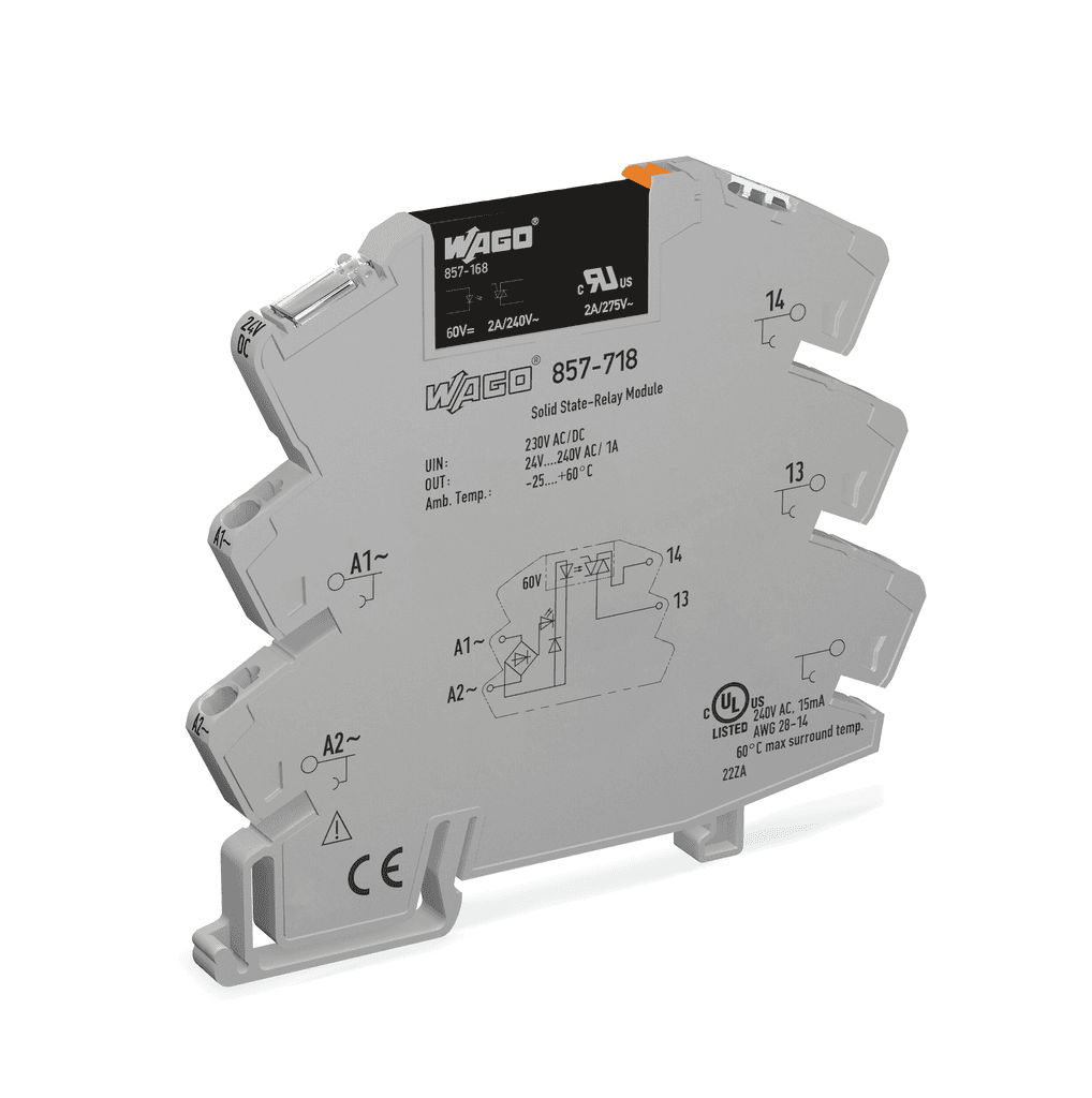 WAGO 857-718 857-718 WAGO - Solid-state relay module; Nominal input voltage: 230 V AC/DC; Output voltage range: 24 … 240 VAC; Limiting continuous current: 2 A; 2-wire connection; zero-cross switching; Yellow status indicator; Module width: 6 mm; gray 857-718 on Powermatic Associates