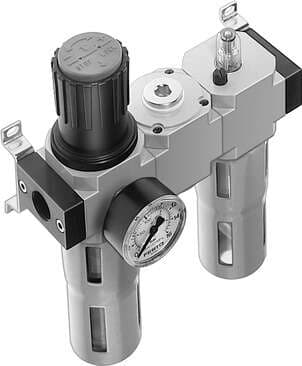 Festo 185792 service unit FRC-1/8-D-MINI-KA-A consisting of filter regulator, distributor module and lubricator. With automatic condensate drain and metal bowl guard. Size: Mini, Series: D, Actuator lock: Rotary knob with lock, Assembly position: Vertical +/- 5°, Grad 185792 on Powermatic Associates