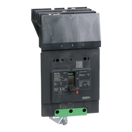 Schneider Electric BGA34100Y Square D by Schneider Electric BGA34100Y is a Moulded Case Circuit Breaker (MCCB) within the PowerPacT BGA sub-range, featuring a PowerPact B-Frame 100 TMD 3P 100A design for 480Y/277Vac with a 35kA I-line and ABC 80% rated. It has an I-line connection for ABC phases, offers a degree of protection of IP40, and supports a rated current of 100A with a rated voltage of 480Vac and 480Y/277Vac. The mechanical durability of this MCCB is rated at 20,000 operations with no load, and it is designed to mount on I-line with line side isolated plug-on jaws plus a mechanical I-Line bracket mechanism. This 3-pole (3P) circuit breaker has dimensions of 137 mm in height, 89 mm in depth, and 81 mm in width. It falls under utilisation category A and features protection settings for over-current fixed at 100A, short-circuit hold current fixed at 1000A, and short-circuit trip current fixed at 1500A. The rated voltage for DC applications is 250Vdc, with a rated insulation voltage (Ui) of 800 V and a rated operating voltage (Ue) of 525 V. Its protection functions include thermal protection for overload and magnetic protection for short-circuits, with a trip current rating of 100 AT. The electrical durability with load is 10,000 operations at 440Vac; In, and it has a frame current rating of 100 AF. The operating mode is manual toggle, and it has a short circuit breaking rating of 65kA at 240Vac, 35kA at 480Vac, 35kA at 480Y/277Vac, 14kA at 600Y/347Vac, and 20kA at 250Vdc, all according to UL489 standards. The trip unit type is thermal-magnetic (fixed) with no display. BGA34100Y on Powermatic Associates