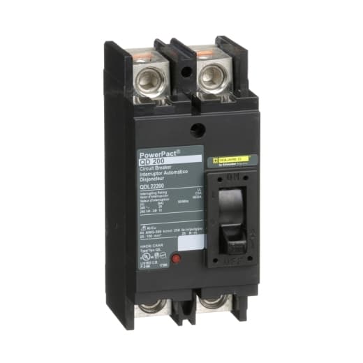 Schneider Electric QDL22200 Square D by Schneider Electric QDL22200 is a Moulded Case Circuit Breaker (MCCB) designed for individual unit mount on plate. It features a PowerPact Q-Frame 250 TMD 2P 200A 240Vac with a 25kA short circuit breaking rating and lugs rated at 80%. The dimensions are 114 mm in height, 164 mm in width, and 100 mm in depth. This 2-pole (2P) MCCB has a rated current of 200A and operates at a rated voltage of 240Vac. Connection is facilitated through lugs on both load and line sides. It offers thermal protection for overload and magnetic protection for short-circuits, with a trip current rating of 200 AT and a frame current rating of 250 AF. The trip unit type is thermal-magnetic (fixed) without a display. It falls under the utilisation category A, with over-current protection settings fixed at 200A, short-circuit hold current fixed at 1200A, and short-circuit trip current fixed at 2400A. QDL22200 on Powermatic Associates