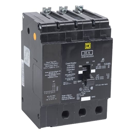 Schneider Electric EGB34125SA Square D by Schneider Electric EGB34125SA is a Miniature Circuit Breaker (MCB) designed for bolt-on mounting with a visual trip indicator. It features lugs type terminals and operates at a rated voltage of 480 V AC. This MCB is equipped with short-circuit and overload protection functions, serving as an Equipment Protection Device (EPD) and Circuit Breaker (CB) with a shunt trip coil, having a breaking capacity code G. It offers an aluminium lugs connection and supports a rated current of 125A across 3 poles. The cross-section compatibility ranges from 12 to 2/0 AWG. Its short circuit breaking rating is specified at 65kA for 120Vac and 240Vac, and 35kA for 480Y/277Vac. The EGB34125SA utilizes a thermal-magnetic trip unit with protection settings at a trip unit rating of 2300A. EGB34125SA on Powermatic Associates