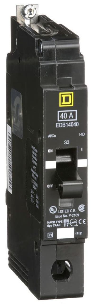 Schneider Electric EDB14040 Square D by Schneider Electric EDB14040 is a Miniature Circuit Breaker (MCB) designed for bolt-on mounting with a visual trip indicator. It features lugs type terminals and operates at a rated voltage of 277 V AC. This MCB serves as both an Equipment Protection Device (EPD) and a Circuit Breaker (CB) with a breaking capacity code D. It offers short-circuit and overload protection, utilizing an aluminium lugs connection. The EDB14040 is rated for a current of 40A and is a single-pole device. It accommodates a wire cross-section ranging from 12 to 2/0 AWG. The short circuit breaking rating is specified at 25kA for 120Vac, 18kA for 240Vac, and 18kA for 277Vac. It features a thermal-magnetic trip unit with a protection setting (trip unit rating) of 1800A. EDB14040 on Powermatic Associates