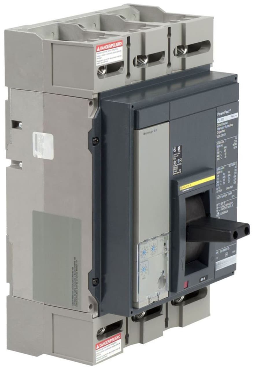 Schneider Electric PJL36080CU31A Square D by Schneider Electric PJL36080CU31A is a molded case circuit breaker (MCCB) designed for mounting on a plate. This 800A rated current breaker features lugs for both load and line side connections and falls under the PowerPact PJL sub-range. It operates at a rated voltage of 600V AC and is a 3-pole device. The protection functions include long-time protection (L), short-time protection with fixed time delay (S), and instantaneous protection (I), supported by a trip current rating of 800 AT and a frame current rating of 1200 AF. Its short circuit breaking rating is specified as 100kA at 240Vac, 65kA at both 480Y/277Vac and 480Vac, and 25kA at both 600Y/347Vac and 600Vac, covering all three protected poles. The breaker utilizes an ET5.0 (LSI) electronic trip unit. PJL36080CU31A on Powermatic Associates