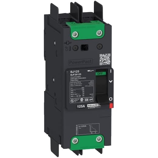 Schneider Electric BJF26110 Square D by Schneider Electric BJF26110 is a Moulded Case Circuit Breaker (MCCB) within the PowerPacT BJF sub-range, featuring a PowerPact B-Frame 125 TMD 2P-2t design. It has a rated current of 110A and operates at a rated voltage of 600Vac 600Y/347Vac, with a rated impulse voltage (Uimp) of 8 kV. The connection type is a terminal nut kit for fixed busbar connection on both line and load sides, offering a degree of protection of IP40. This MCCB has a mechanical durability of 15,000 operations and can be mounted on a DIN rail or as an individual unit on a plate. It is a 2-pole (2P) device with dimensions of 137 mm in height, 80 mm in depth, and 54 mm in width. The utilisation category is A, and it features over-current protection fixed at 110A, short-circuit hold current fixed at 1000A, and short-circuit trip current fixed at 1500A. The rated insulation voltage (Ui) is 800 V, with a rated operating voltage (Ue) of 690 V. It provides thermal protection for overload and magnetic protection for short-circuits, with a trip current rating of 110 AT. The electrical durability with load is 10,000 operations at 440Vac; In, and the frame current rating is 125 AF. The operating mode is manual toggle, and it has a short circuit breaking rating of 100kA at 240Vac, 65kA at 480Vac, 65kA at 480Y/277Vac, 25kA at 600Y/347Vac, and 50kA at 250Vdc, all according to UL489 standards. The trip unit type is thermal-magnetic (fixed) with no display. BJF26110 on Powermatic Associates