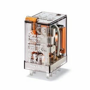 Finder 55.32.9.024.0000 Finder 55.32.9.024.0000 is a relay with solder pin connection type, designed for a rated current of 10A at 250Vac (AC-1) and 10A at 30Vdc (DC-1), with lower current ratings of 0.25A at 110Vdc and 0.12A at 220Vdc for Normally Open (NO) auxiliary contacts. It operates with a supply voltage of 2C/O / DPDT (Double Pole Double Throw), and is capable of handling ambient air temperatures for operation and storage from -40 to +85 degrees Celsius. The relay supports a rated voltage of 24Vdc and a control voltage of 4 kV, with protection functions rated at 250Vac. It has a net depth of 37.2 mm, mounting mode dimensions of 27.7 mm, and a power consumption depth of 20.7 mm. Designed for plug-in mounting, it features 2 poles and is capable of up to 200,000 operations for Normally Closed (NC) circuits, with a durability of 50,000,000 operations. The contacts are made from AgNi (Silver Nickel). 55.32.9.024.0000 on Powermatic Associates