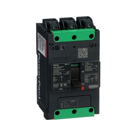 Schneider Electric BDL36045LU Square D by Schneider Electric BDL36045LU is a Moulded Case Circuit Breaker (MCCB) within the PowerPacT BDL sub-range. It features a PowerPact B-Frame 100 TMD design with 3 poles (3P) and a rated current of 45A. This MCCB is designed for 600Vac 600Y/347Vac with a rated impulse voltage (Uimp) of 8 kV and offers a degree of protection of IP40. The connection type includes Everlink (Creep compensating) lugs on both line and load sides, plus a Control Wire terminal (CWT) on the line side only. It has a mechanical durability of 20,000 operations at no load and can be mounted either on a DIN rail or as an individual unit on a plate. The protection settings are over-current fixed at 45A, short-circuit hold current fixed at 400A, and short-circuit trip current fixed at 600A. Its dimensions are 137 mm in height, 80 mm in depth, and 81 mm in width. The MCCB operates with a rated insulation voltage (Ui) of 800 V, a rated operating voltage (Ue) of 525 V, and offers thermal and magnetic protection functions. The trip current rating is 45 AT, with an electrical durability of 10,000 operations with load at 440Vac. The frame current rating is 100 AF, and it operates via a toggle (manual) mode. The short circuit breaking rating varies with voltage, up to 25kA at 240Vac according to UL489 standards. The trip unit type is thermal-magnetic (fixed) without a display. BDL36045LU on Powermatic Associates
