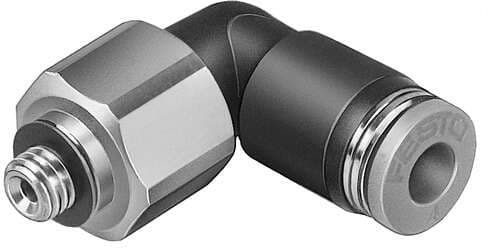 Festo 153529 push-in L-fitting, rotatable QSRL-M5-4 360° rotatable, with ball bearing, male thread with external hexagon. Size: Standard, Nominal size: 1,4 mm, Type of seal on screw-in stud: Sealing ring, Assembly position: Any, Container size: 1 153529 on Powermatic Associates