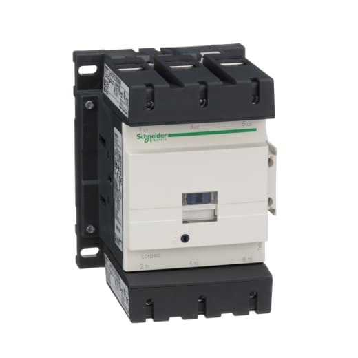 Schneider Electric LC1D150LE7 Schneider Electric LC1D150LE7 is a magnetic contactor from the Deca sub-range, featuring screw connections and designed with 3 poles (3P; 3NO). It has a rated current of 200A (AC-1) and 150A (440Vac; AC-3), with a mounting mode suitable for DIN rail installation. The net width of the contactor is 120 mm, and it offers a degree of protection rated at IP20. The control voltage (AC) ranges from 167-239Vac (208Vac nom.; 50Hz/60Hz; 0.8...1.15 x Uc), and the rated operating voltage (Ue) is up to 1000 V. This part includes 1 normally open (NO) auxiliary contact and 1 normally closed (NC) auxiliary contact, with a contacts type of 1NO+1NC instantaneous aux. The rated impulse voltage (Uimp) is 8 kV. It supports rated active power (kW) of up to 100kW (660-690Vac; AC-3) and a rated power (HP) of up to 125HP (575-600Vac; 3-phase; 50Hz/60Hz; UL/CSA). The mechanical durability of the LC1D150LE7 is rated at 8 million operations, and its electrical durability (with load) is rated at 850,000 operations. The rated voltage (AC) for phase-to-phase is 1000 V. LC1D150LE7 on Powermatic Associates