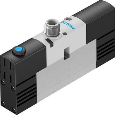 Festo 534775 solenoid valve VSVA-B-M52-MH-A2-1R2L with central plug, round design M8x1. Valve function: 5/2 monostable, Type of actuation: electrical, Width: 18 mm, Standard nominal flow rate: 550 l/min, Operating pressure: 3 - 8 bar 534775 on Powermatic Associates
